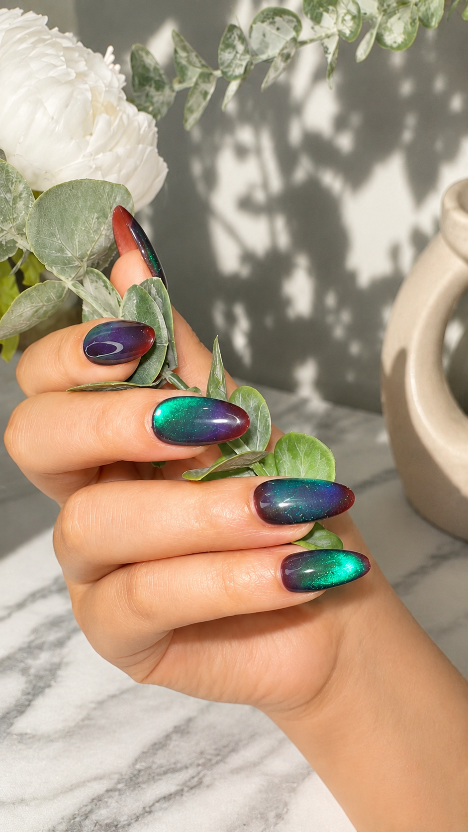 Mystic Emerald Hand Made press on reusable nails long almond shape