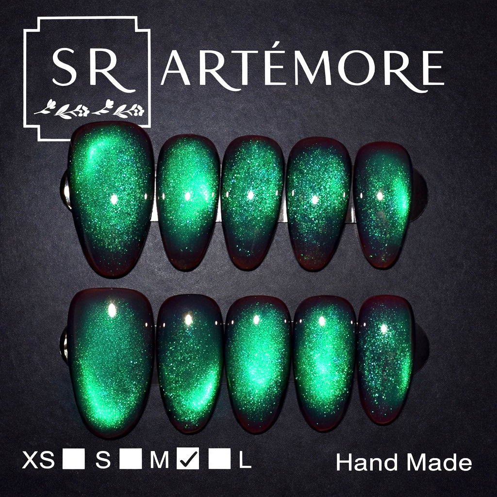 Mystic Emerald Hand Made press on reusable nails long almond shape