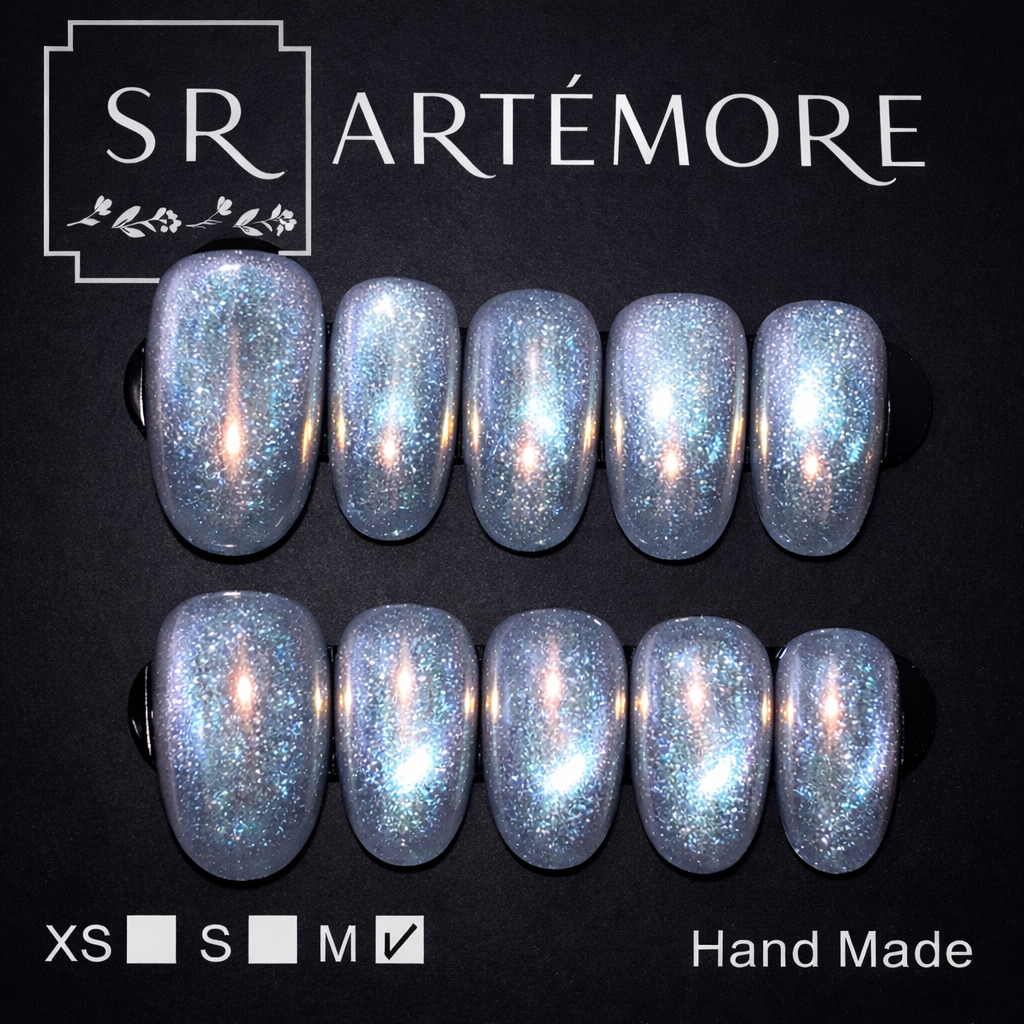 Frost Blue Hand Made press on reusable nails short almond shape