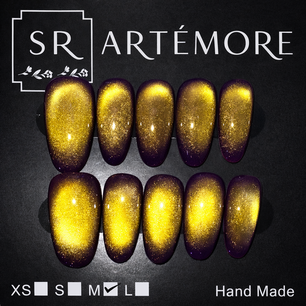 Golden Velvet Glow Hand Made press on reusable nails long almond shape