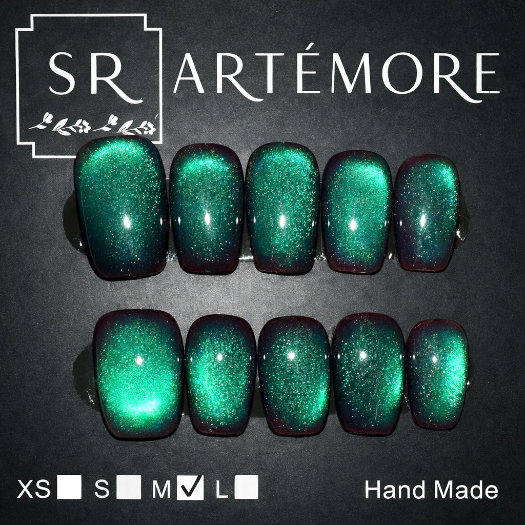 Mystic Emerald Hand Made press on reusable nails long square shape
