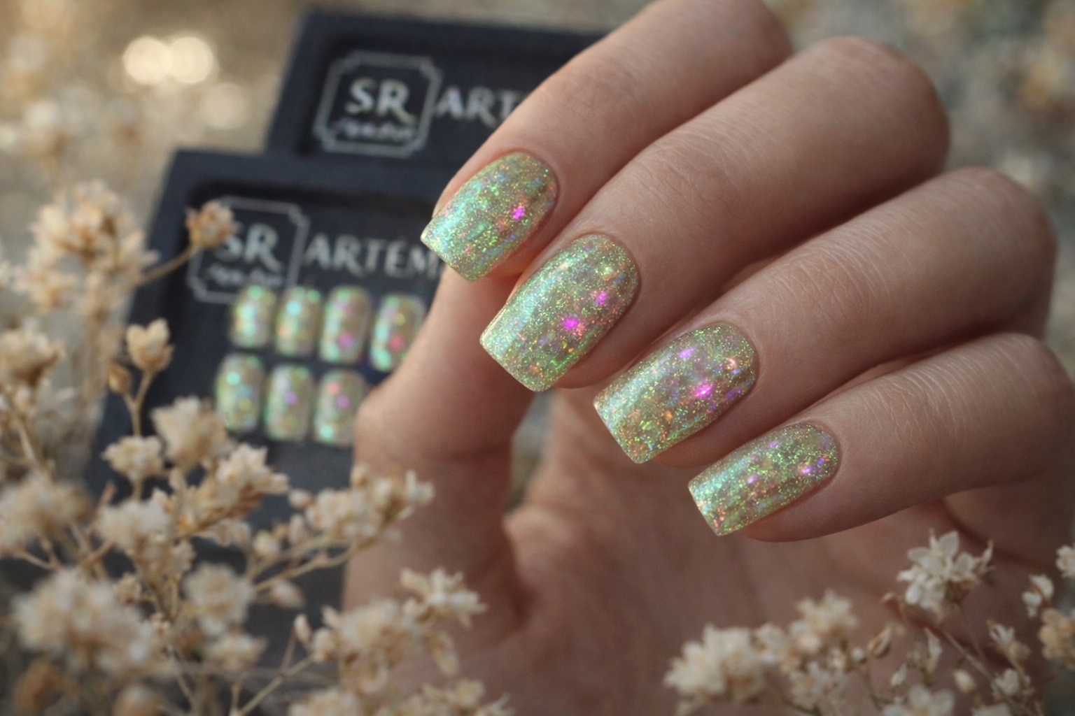 Aurora Olive Hand Made press on reusable nails long square shape