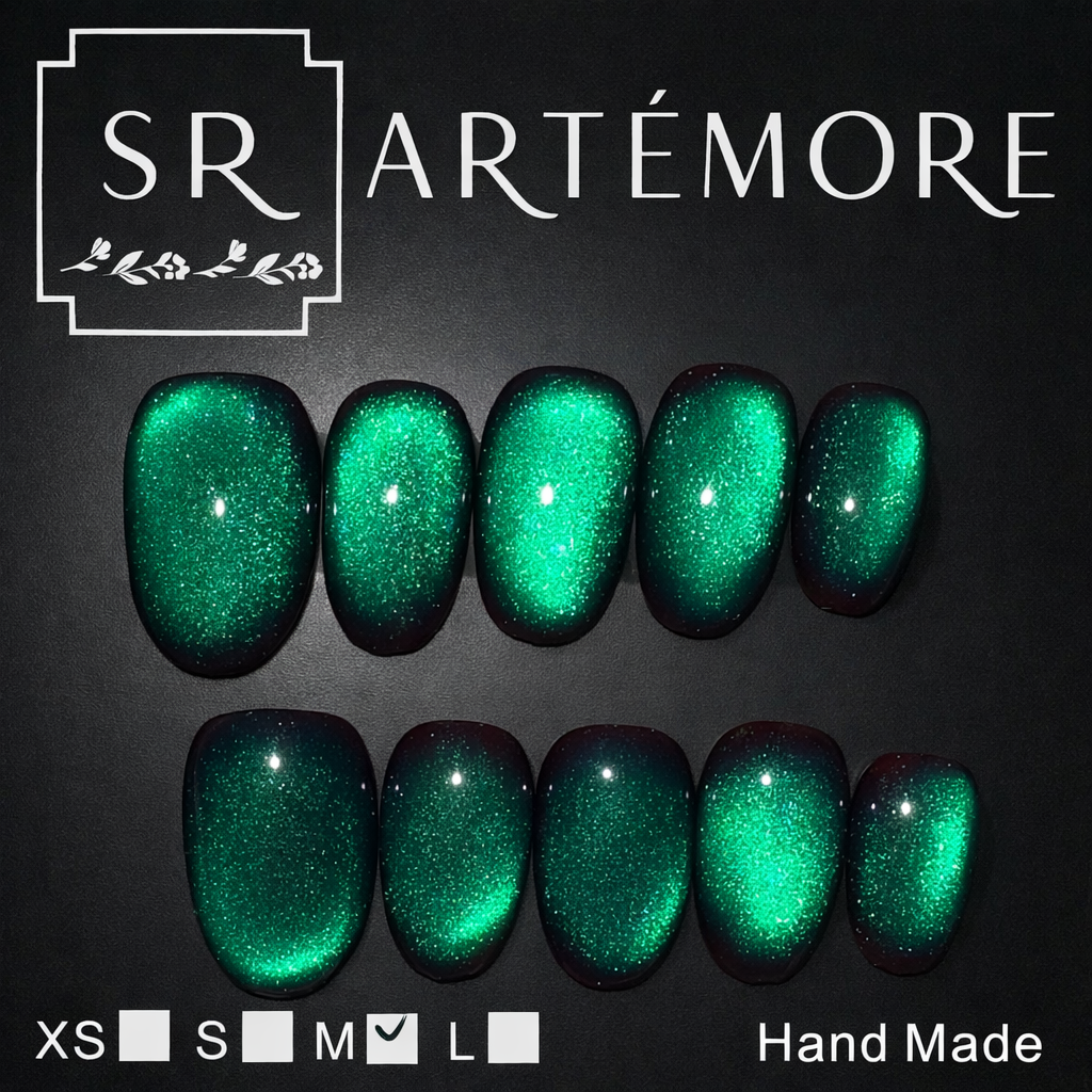 Mystic Emerald Hand Made press on reusable nails short almond shape